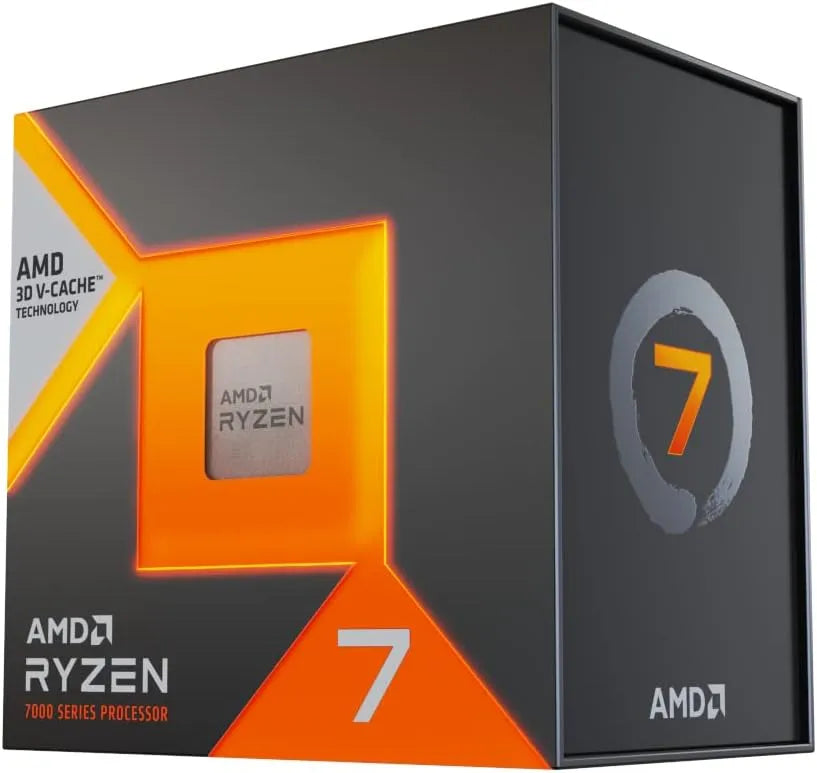 Packaging for AMD Ryzen 7 7000 Series Processor. Featuring the AMD logo, 3D V-Cache Technology label, a chip labeled 'AMD Ryzen', and prominent orange '7' graphics.