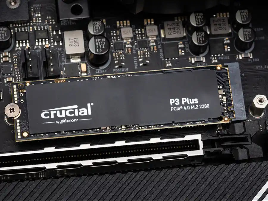 Crucial P3 NVMe SSD installed on a motherboard, offered by Prime Tech Support for high-speed storage in Miami, FL.
