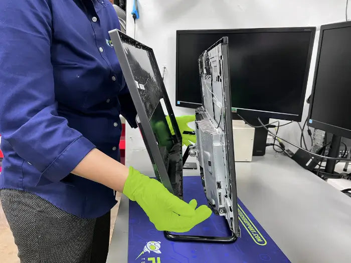 Prime tech Support Technician dissembling the rear part of an All-in-One computer to perform a detailed diagnostic and find the issues with the device.