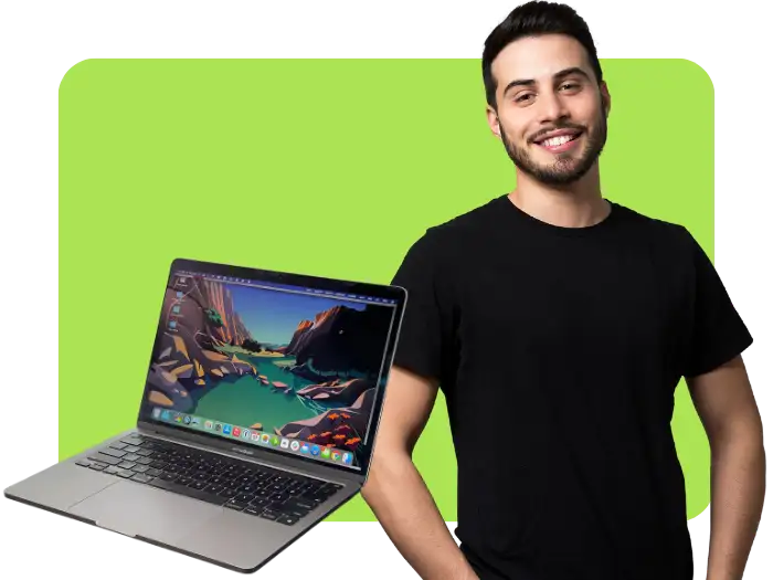 Man holding a MacBook pro computer that was just repaired in our store in Miami