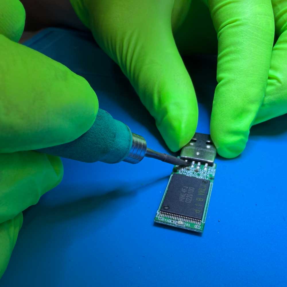 Technician performing USB flash drive data recovery by microsoldering flash memory components on a circuit board.