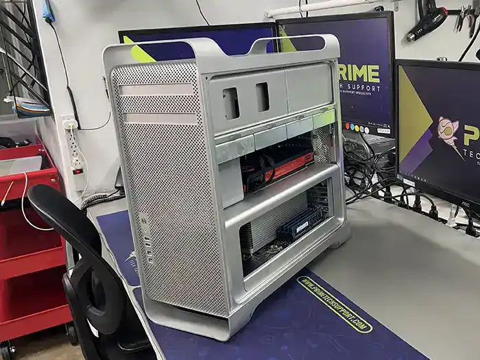 Mac Pro computer dissembled in Prime Tech Support Lab located in Miami. The technician will inspect it and find the cause of the issues.
