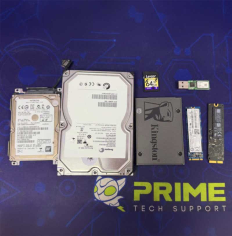 Common storage media used for data recovery, including hard disk drives, SSDs, NVMe storage, USB flash drives, and SD memory cards