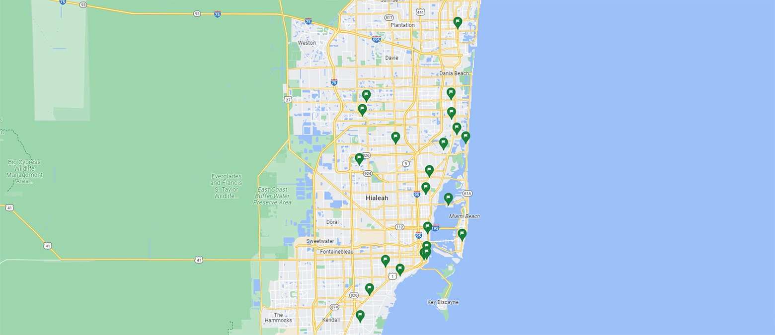 Miami and Broward County map with cities where Prime Tech Support offers IT and Computer Repair services 