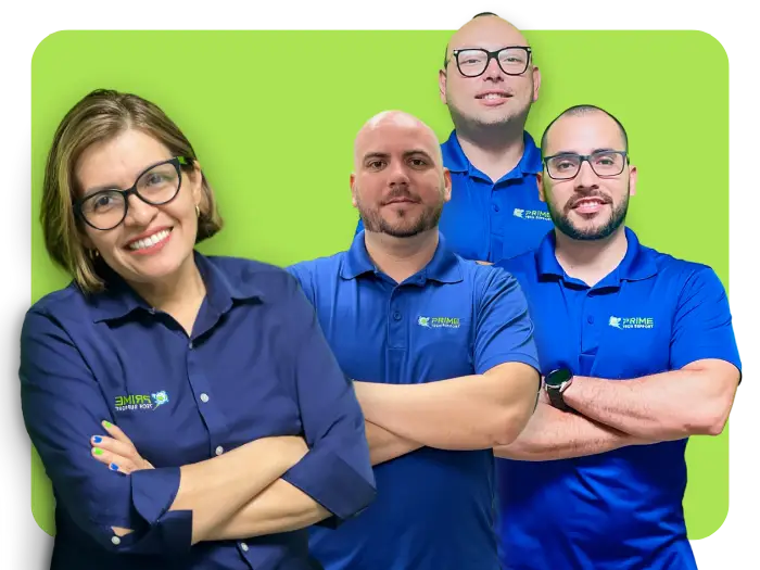 Prime Tech Support Team, Here we see Claudia, the CEO, and three expert Computer technicians in Miami, FL. They do IT Support and Cybersecurity for Medical Offices, Distribution, Logistics, and more